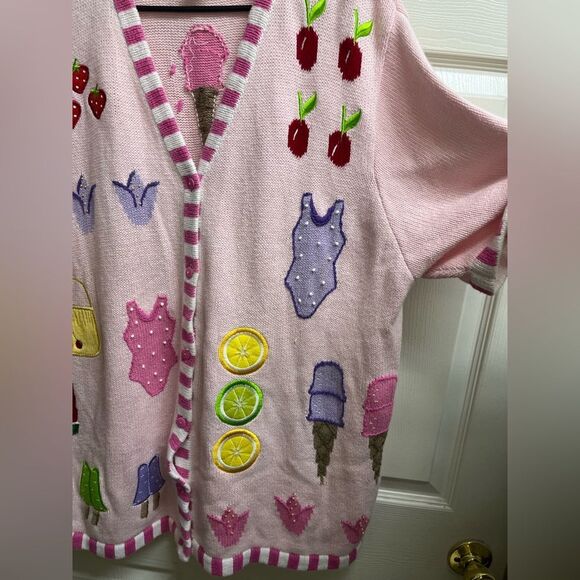 The Quacker Factory Pink Ice Cream Fruit Short Sleeve Sweater Embroidered SZ 1X - Picture 5 of 5